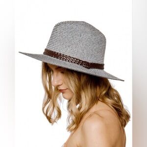 New Two tone gray & brown vegan leather adjustable Panama summer hat one size